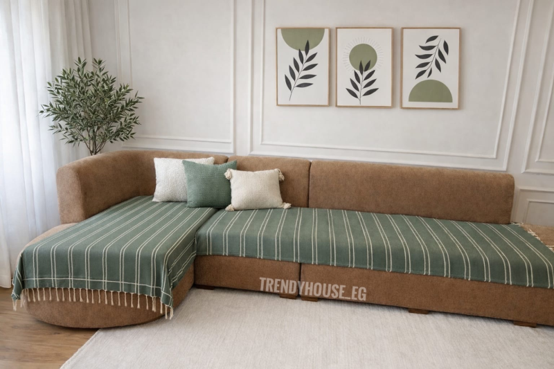 مفرش ركنه زيتي مقلم 